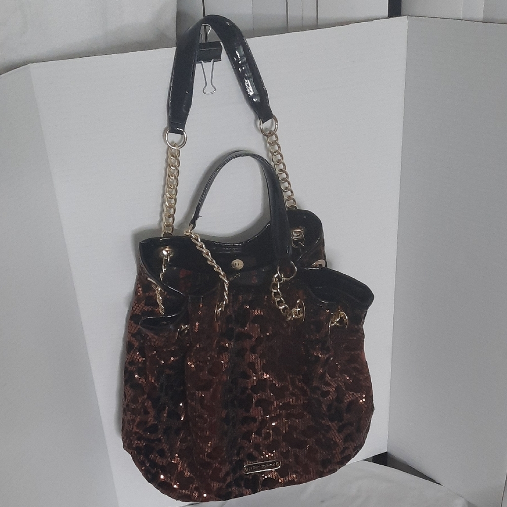 BETESY JOHNSONBlack and Brown Shoulder Bag with Gold Accents